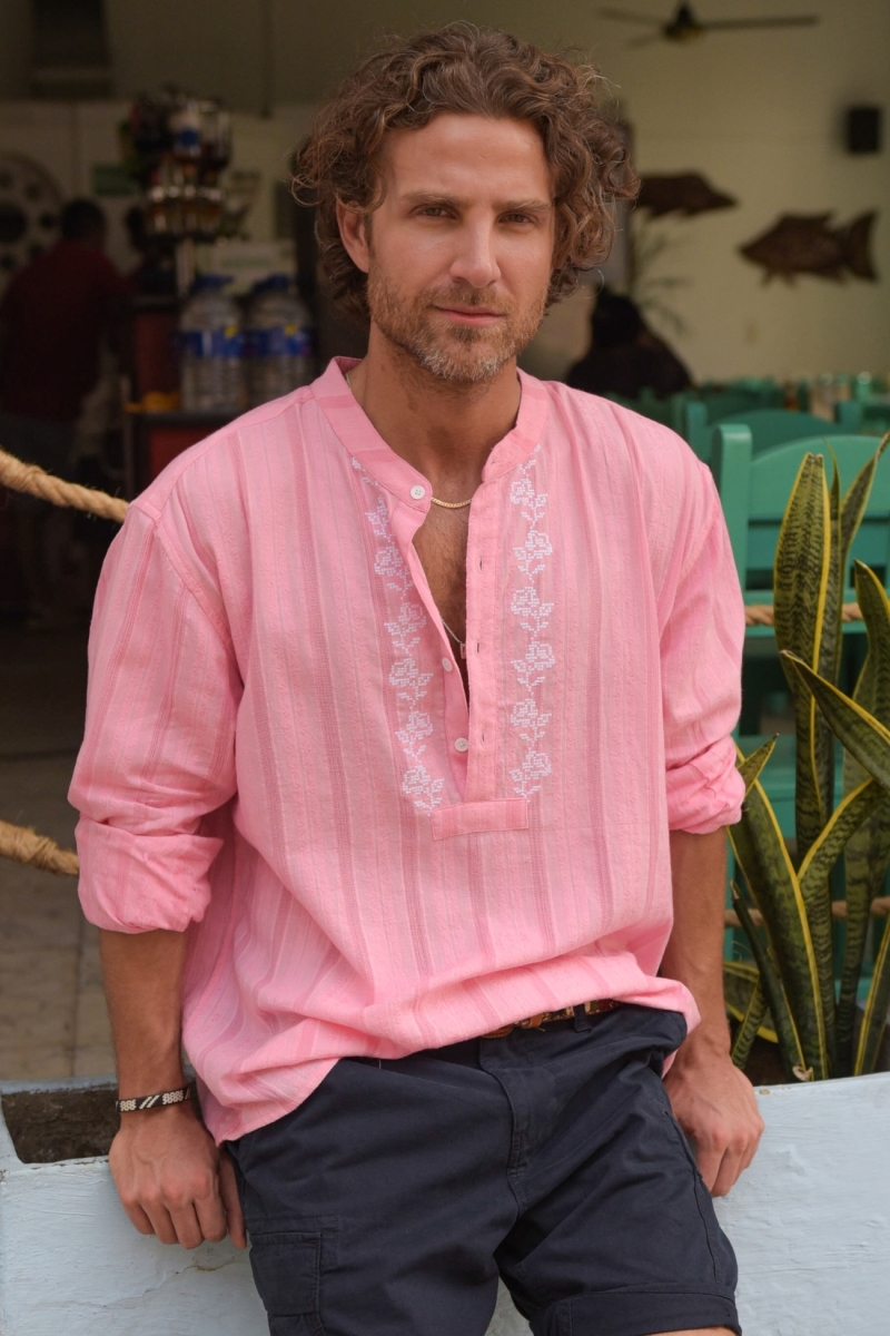 Camisa Jerico – rosa con detalles bordados en blanco – mangas largas – colección Shay – Miss June Paris – 1