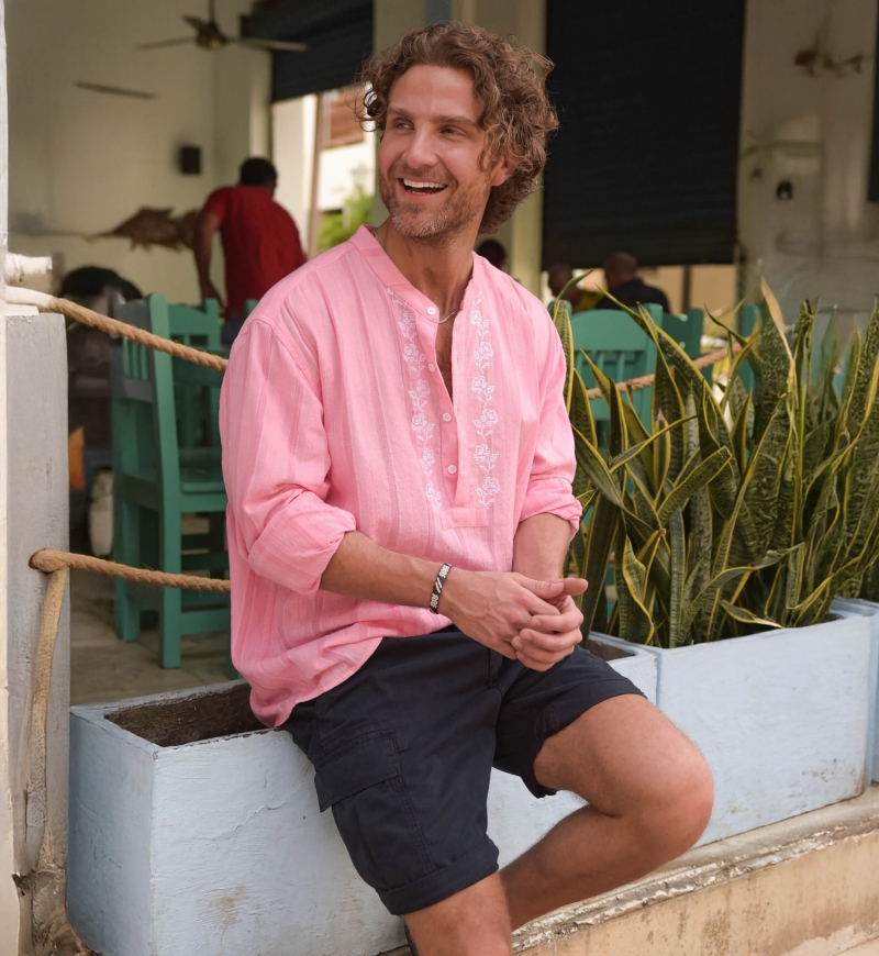 Camisa Jerico – rosa con detalles bordados en blanco – mangas largas – colección Shay – Miss June Paris – 2