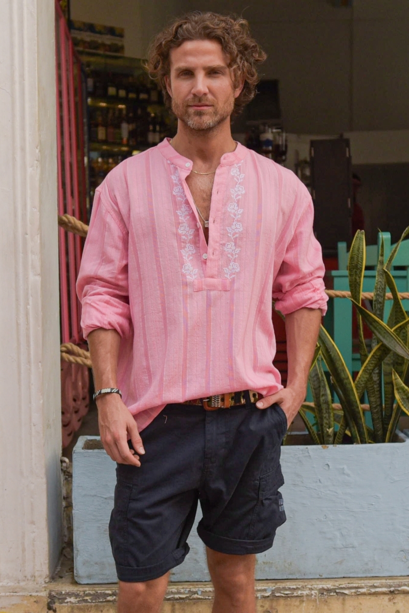 Camisa Jerico – rosa con detalles bordados en blanco – mangas largas – colección Shay – Miss June Paris – 4