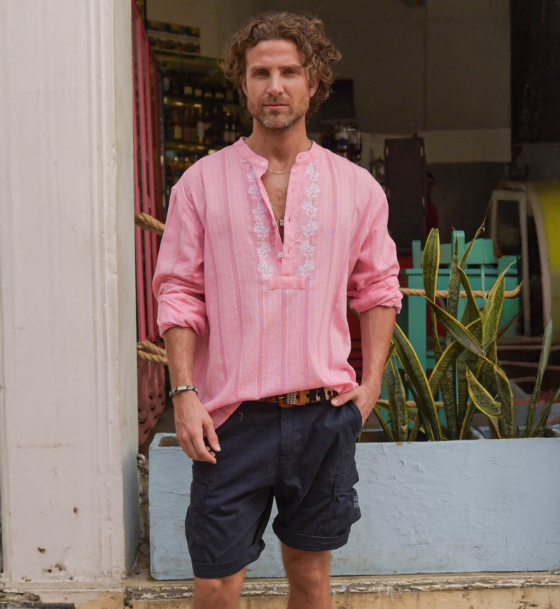 Camisa Jerico – rosa com detalhes bordados em branco – mangas longas – coleção Shay – Miss June Paris – 4