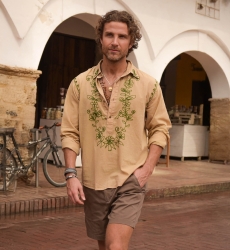 Camisa de Manga Larga Leyca – beige con bordados caqui – colección Shay – Miss June Paris – 1