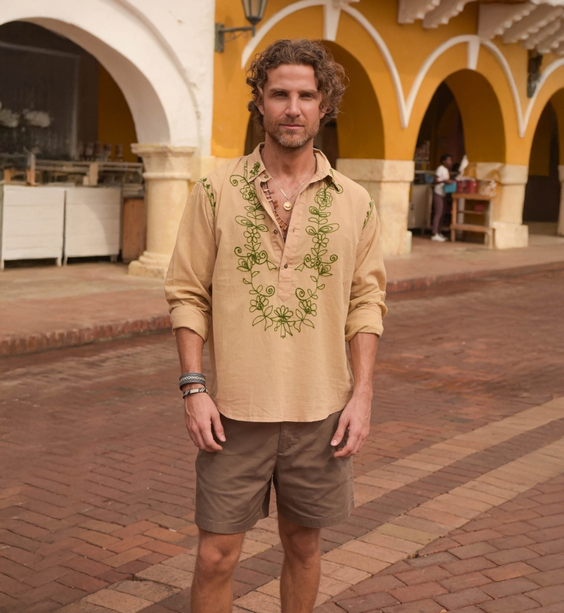 Camisa de Manga Larga Leyca – beige con bordados caqui – colección Shay – Miss June Paris – 3