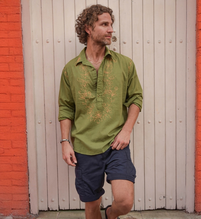 Camisa de Manga Larga Leyca – caqui con bordados beige – colección Shay – Miss June Paris – 2