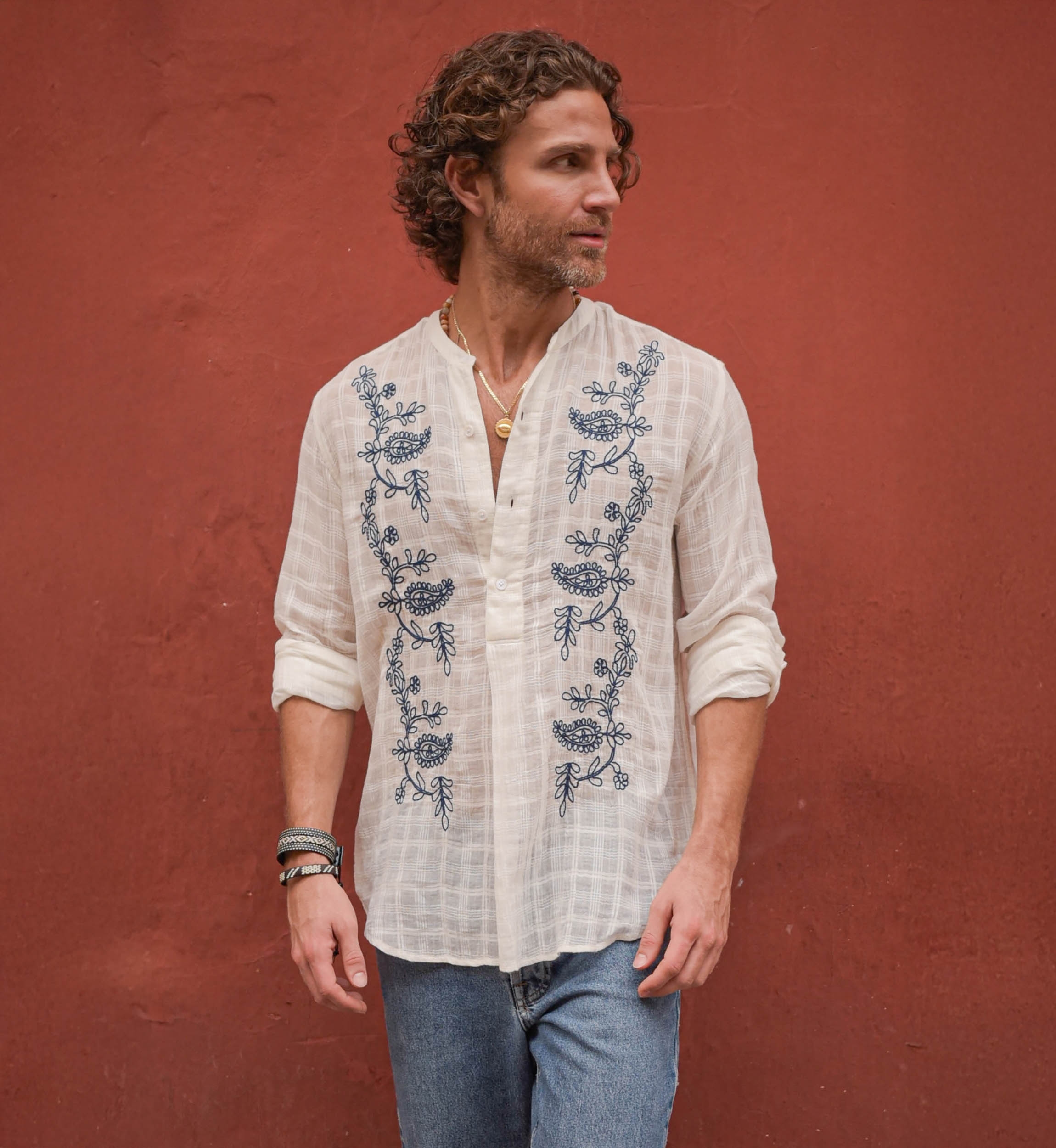Cocora Shirt, white, blue embroidery, long sleeves, fluid material, Shay collection, Miss June Paris, 2