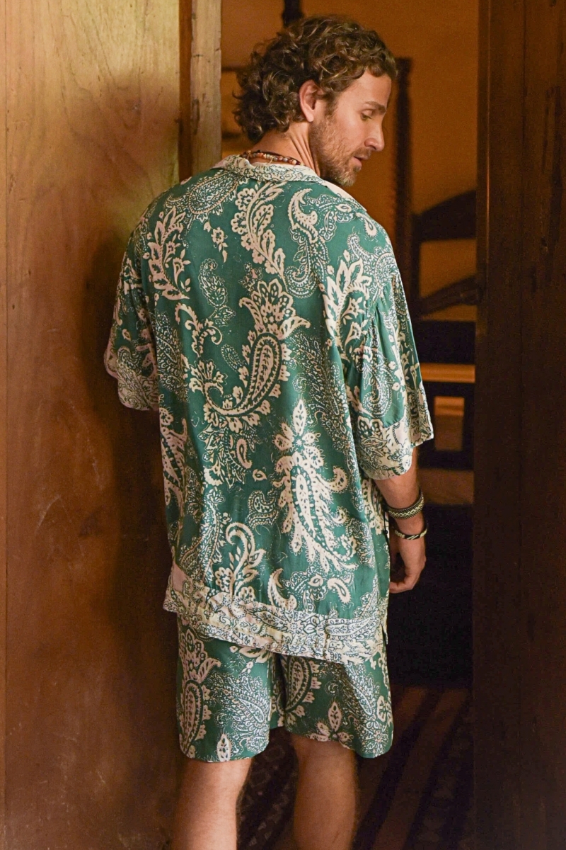 Chemise Manches Courtes San Gil - verte - motif floral écru - boutons discrets - collection Shay - Miss June Paris - 3