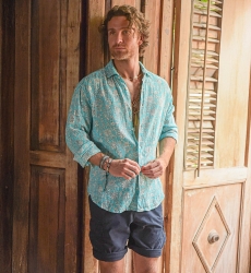 Chemise Manches Longues Popayan - turquoise - imprimé fleuri blanc - légère - collection Shay - Miss June Paris - 1