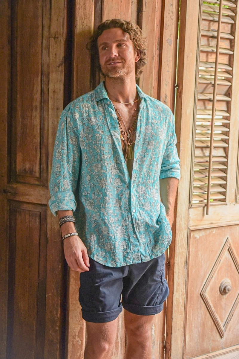 Chemise Manches Longues Popayan - turquoise - imprimé fleuri blanc - légère - collection Shay - Miss June Paris - 2