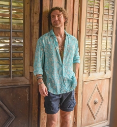 Camisa de Manga Larga Popayan – turquesa – estampado floral blanco – ligera – colección Shay – Miss June Paris – 2