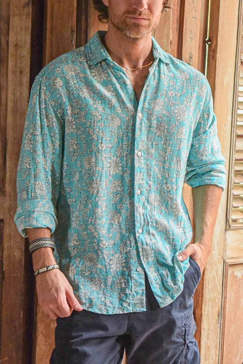 Chemise Manches Longues Popayan - turquoise - imprimé fleuri blanc - légère - collection Shay - Miss June Paris - 3