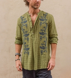 Camisa Cocora – caqui – bordados azules – mangas largas – tejido fluido – colección Shay – Miss June Paris – 3