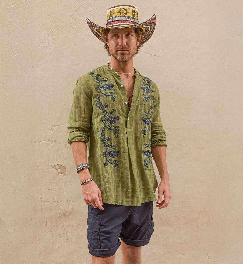 Cocora Shirt – khaki – blue embroidery – long sleeves – fluid material – Shay collection – Miss June Paris – 1