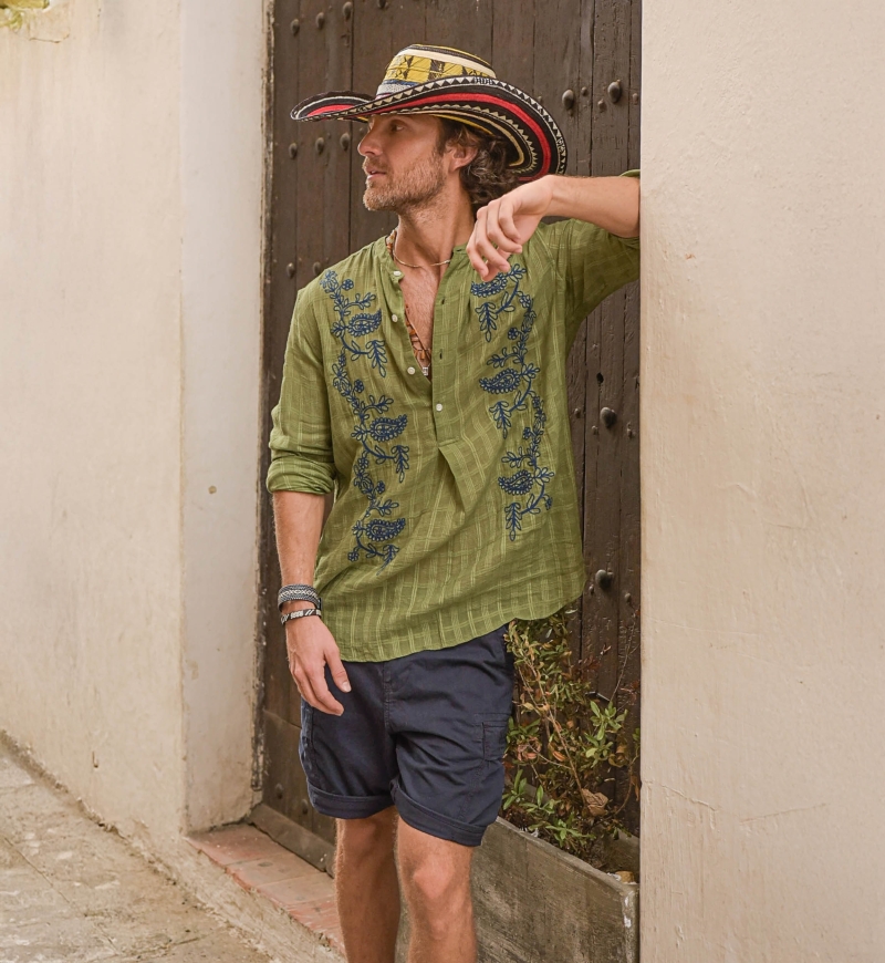 Cocora Shirt – khaki – blue embroidery – long sleeves – fluid material – Shay collection – Miss June Paris – 4
