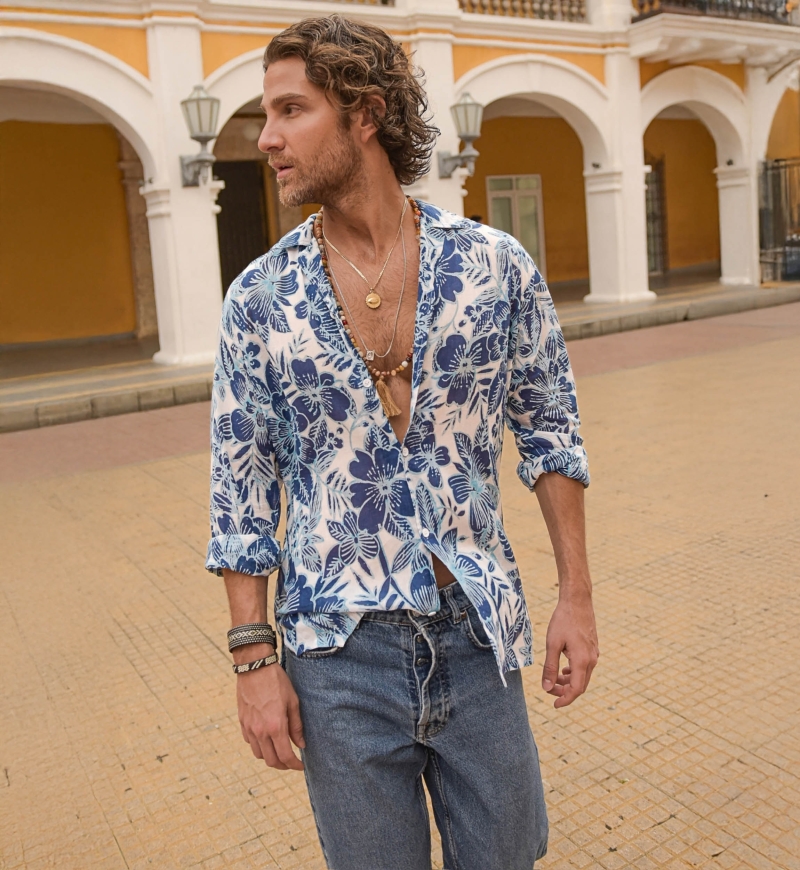 Camisa Barranquilla – blanca/azul – estampado floral – manga larga – colección Shay – Miss June Paris – 1