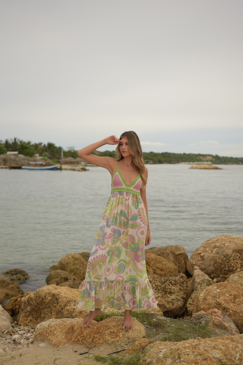 Robe Longue Hortensia: multicouleur - motif floral - haut en crochet - bretelles fines - Miss June Paris - 4