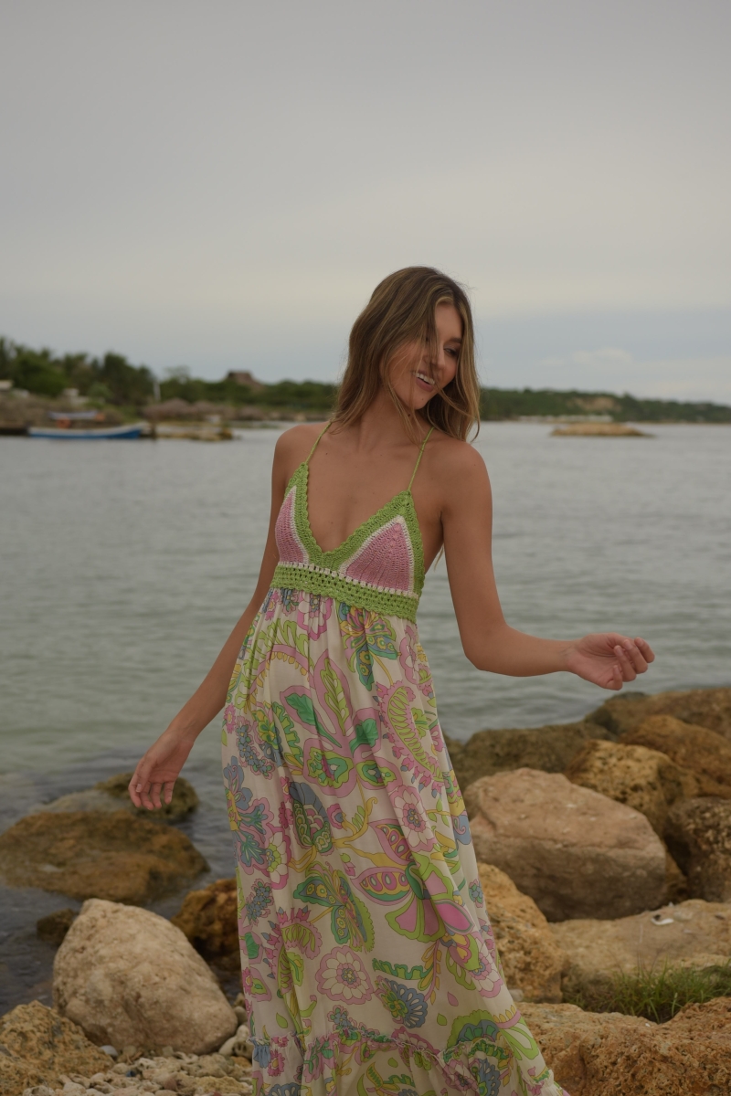 Robe Longue Hortensia: multicouleur - motif floral - haut en crochet - bretelles fines - Miss June Paris - 5