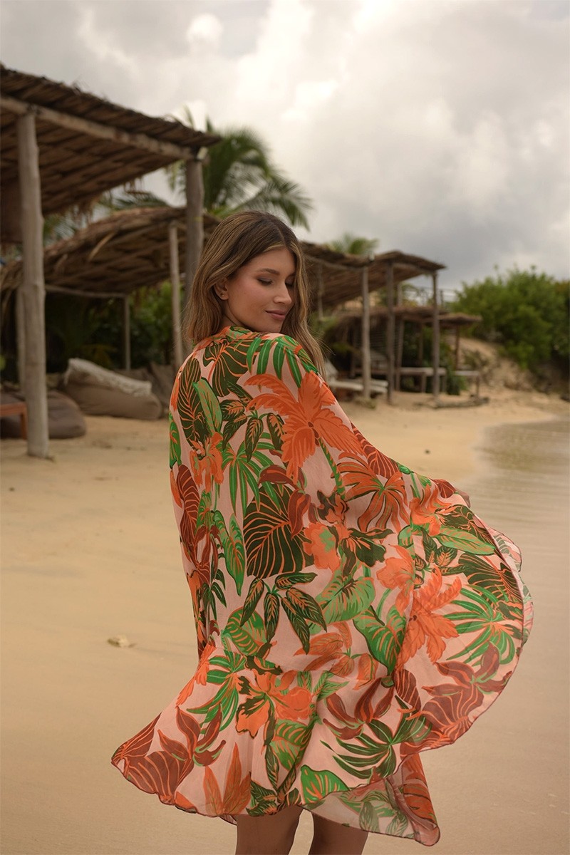 Aleida Short Caftan: orange/multicolor - tropical print - luminous chest - Miss June Paris - 4