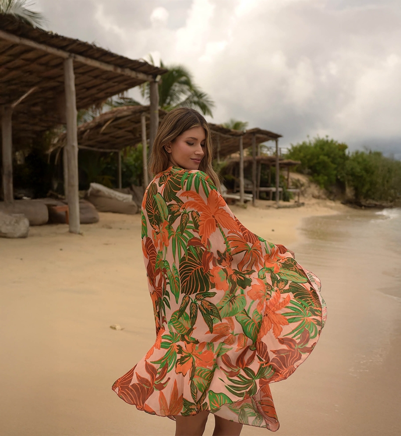 Kurzer Kaftan Aleida: orange/mehrfarbig - tropisches Muster - leuchtender Brustteil - Miss June Paris - 4