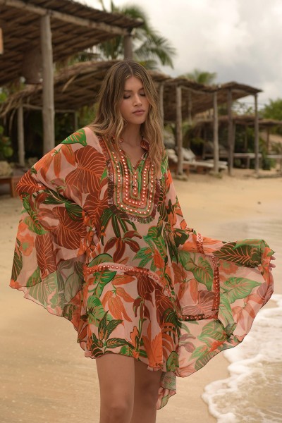 Aleida Short Caftan: orange/multicolor - tropical print - luminous chest - Miss June Paris - 3