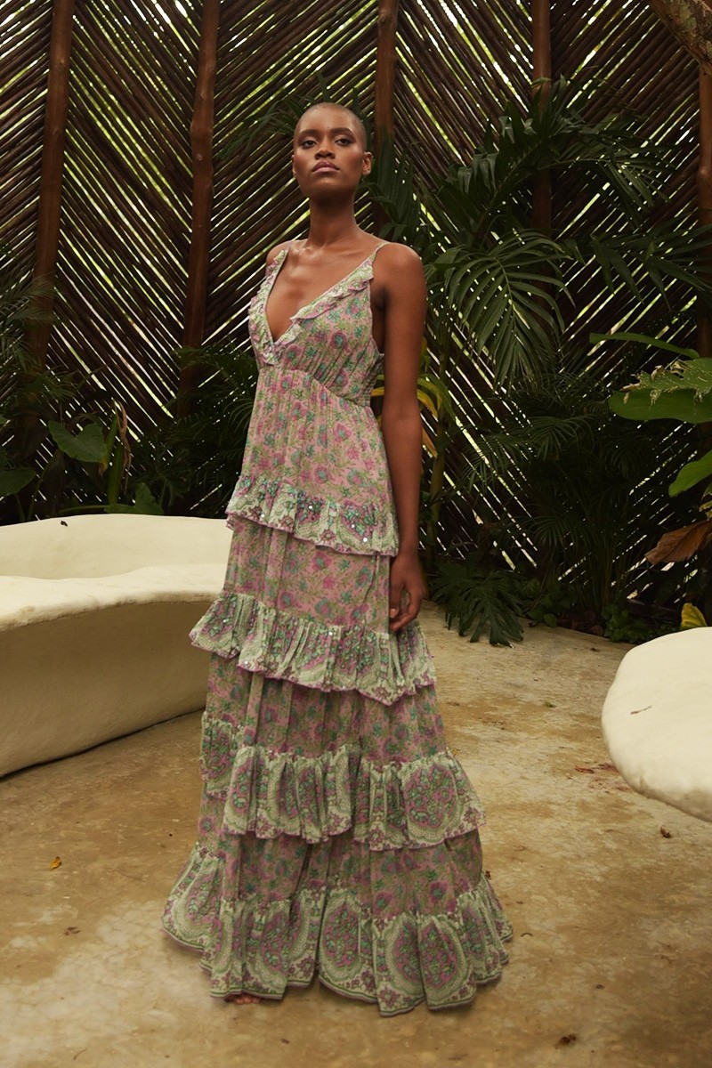 Pamela long dress - pastel pink - green and purple prints - V neckline - sparkling details - Miss June Paris - 3