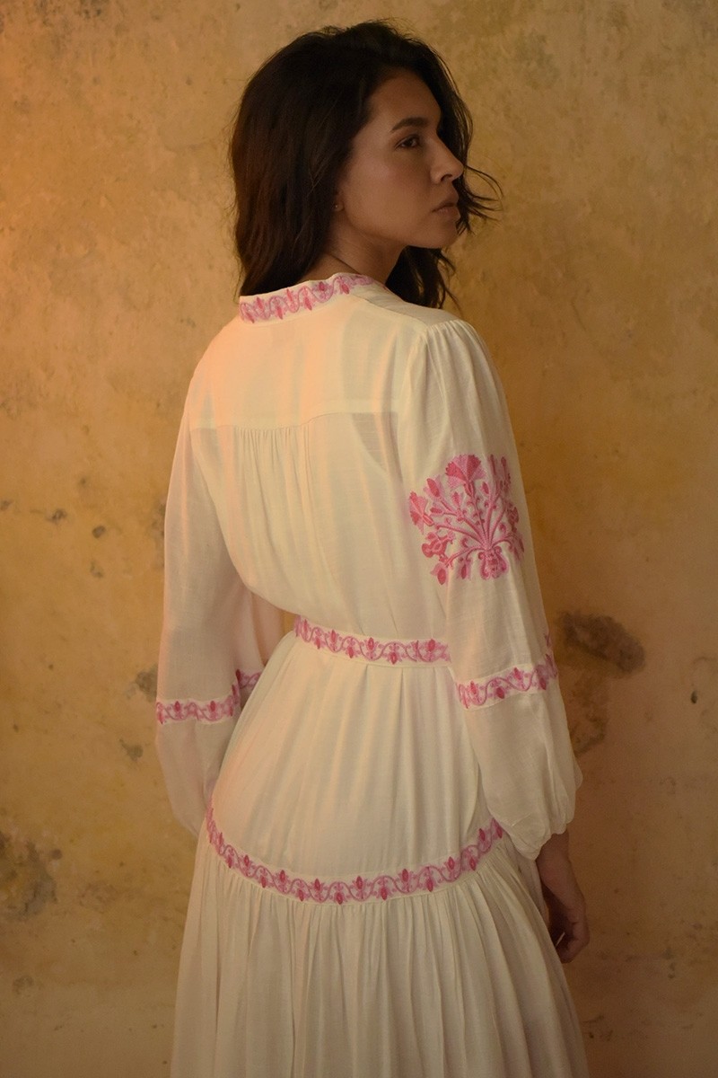 Katerina long dress - white - adorned with pink embroidery - embroidered belt - silver buttons - Miss June Paris - 4