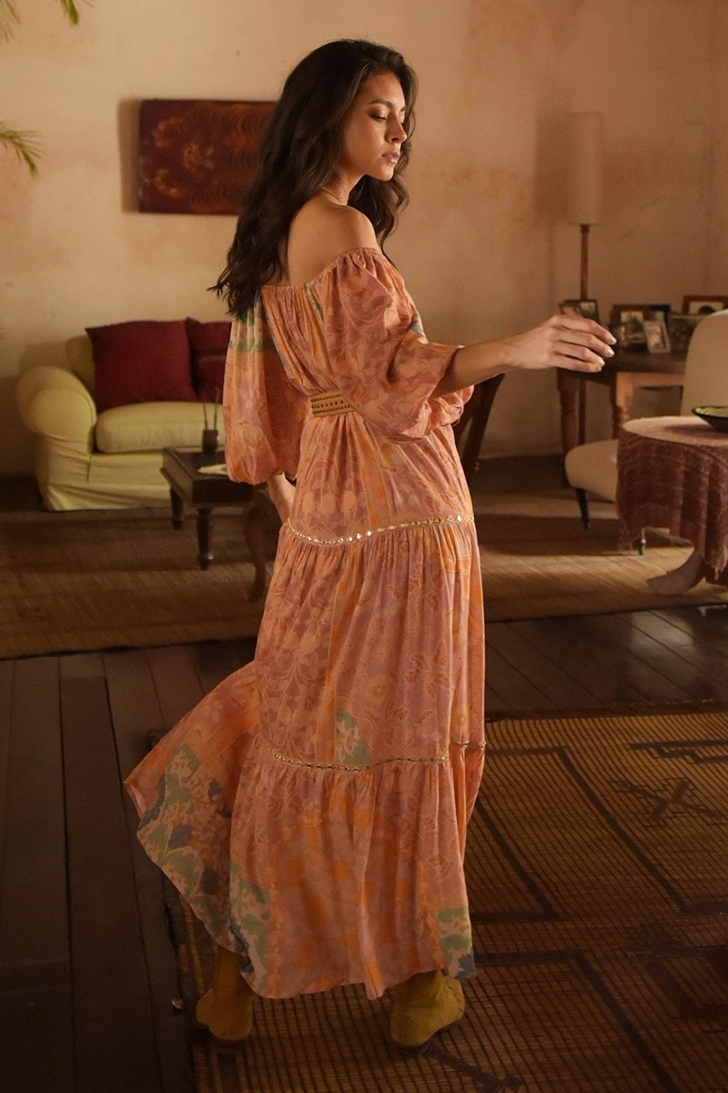 Martina long dress - peach - floral print - puffed sleeves - matching belt - bare shoulders - Miss June Paris - 4