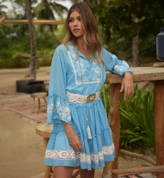 Cecilia short dress - blue with white embroidery - delicate lace - refined texture - Miss June Paris - 4