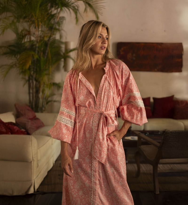 Langes Kleid Rita - pfirsichfarben - raffinierte Details - Kaschmirdruck - Miss June Paris - 1