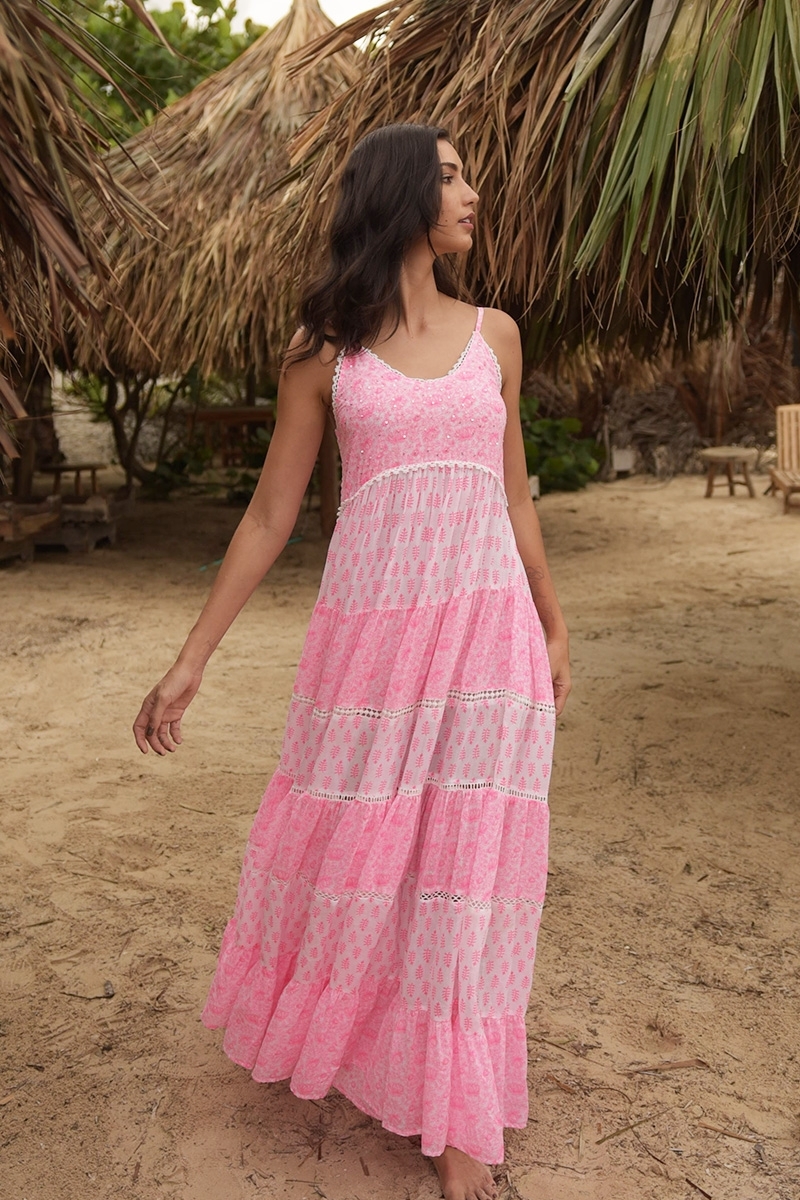 Vestido largo Dayana - floral y ajustable - blanco / rosa neón - Miss June Paris - 4