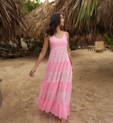 Dayana long dress - floral and adjustable - white / neon pink - Miss June Paris - 4