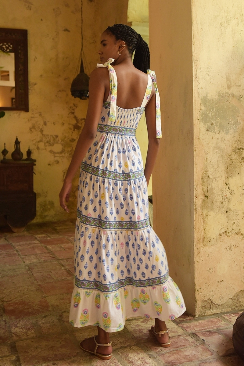 Vestido largo Paulina - blanco - estampado azul, amarillo y rosa - tirantes ajustables - Miss June Paris - 4