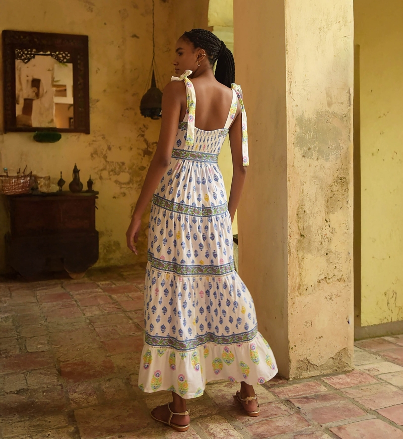 Vestido largo Paulina - blanco - estampado azul, amarillo y rosa - tirantes ajustables - Miss June Paris - 4