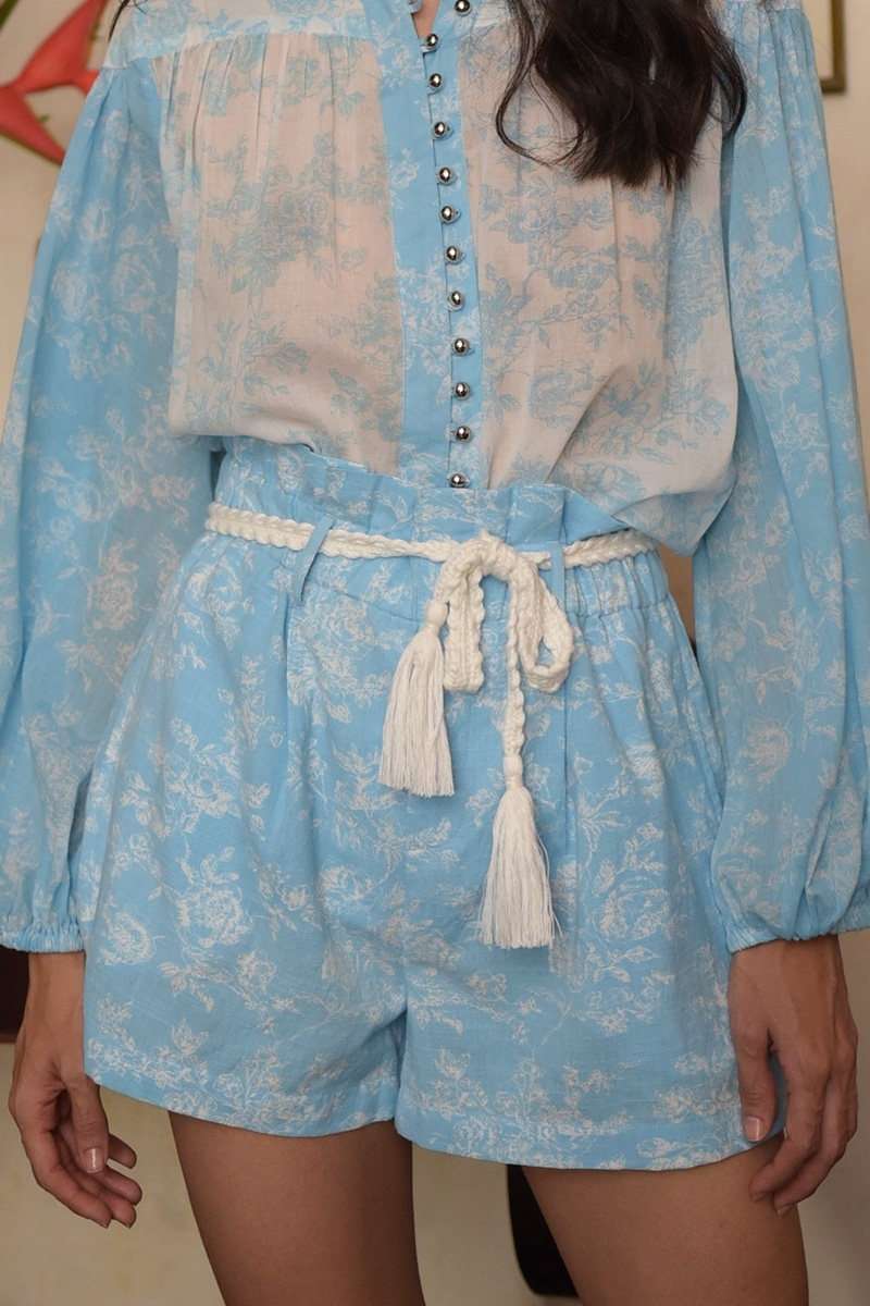 Short Ilara - azul - estampado floral blanco - cintura alta - tallas 1 y 2 - Miss June Paris - 4