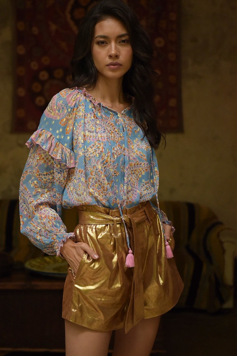 Renata blouse - light blue blouse - pink and gold paisley print - long sleeves - Miss June Paris - 4