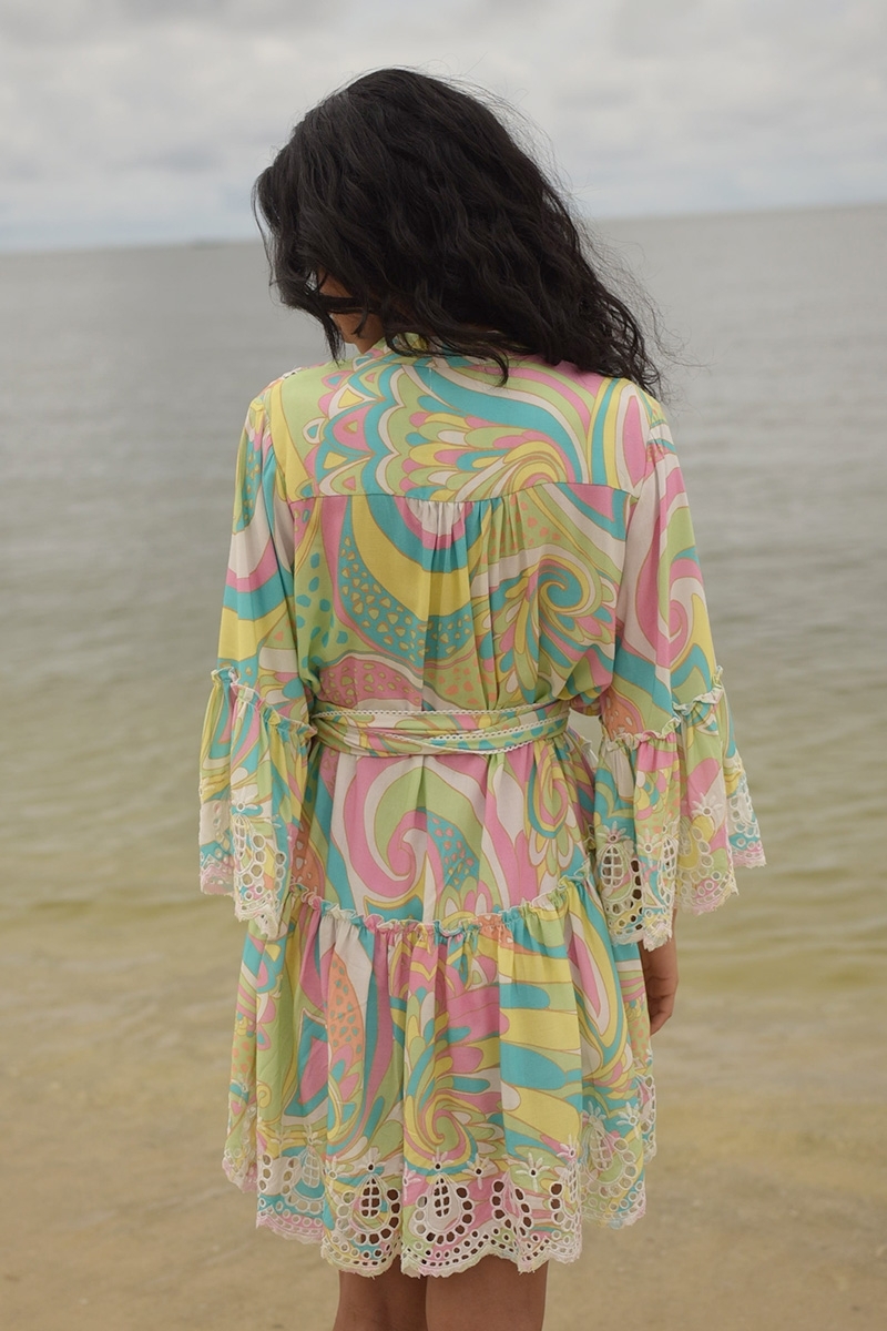 Vestido Corto Querida: colores pastel - estilo casual - bordado - adornado con pequeños espejos - Miss June Paris - 4