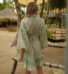 Vestido corto Carolina - rosa y verde - manga larga - bordado fino - Miss June Paris - 4