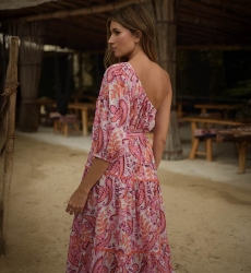 Vestido largo Belle - estilo bohemio chic - estampado cachemir - corte asimétrico - un hombro descubierto - Miss June Paris - 4