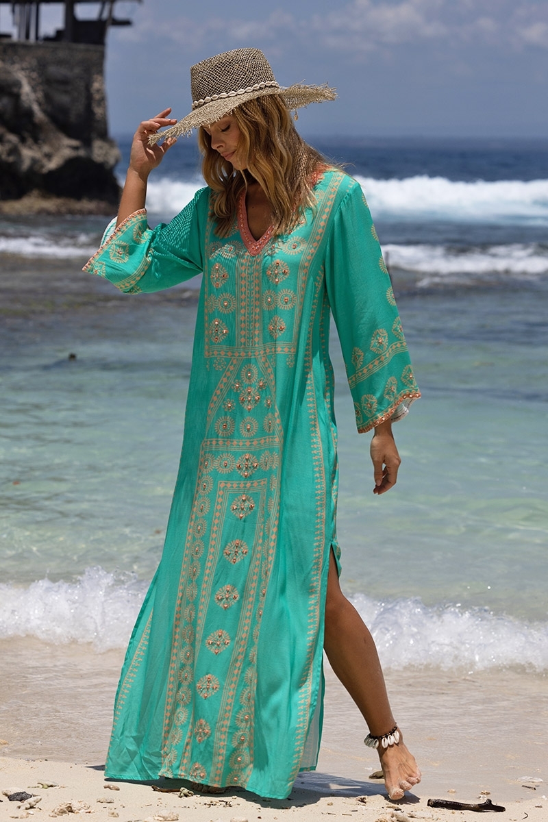 Vestido largo Lizzy - turquesa - detalles dorados - Miss June Paris - 2