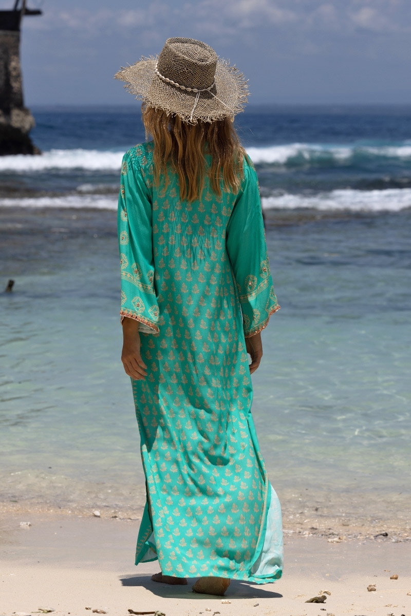 Vestido largo Lizzy - turquesa - detalles dorados - Miss June Paris - 3