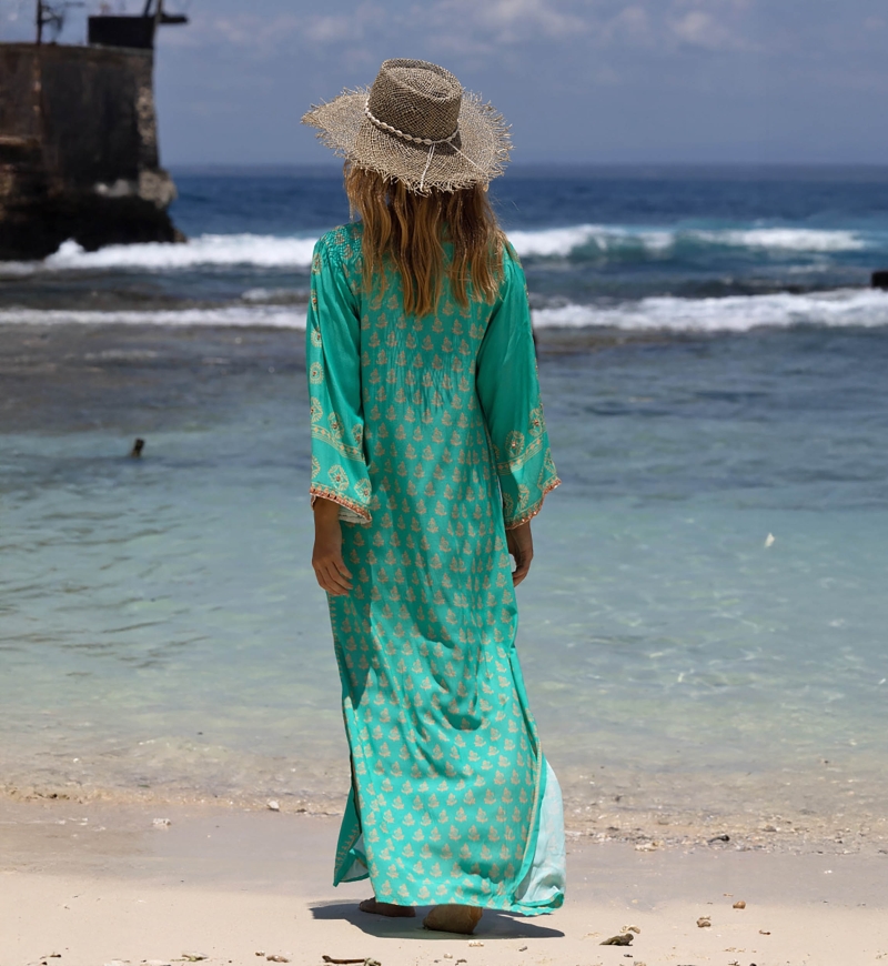 Vestido longo Lizzy - turquesa - motivos dourados - Miss June Paris - 3