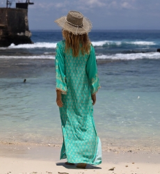 Vestido longo Lizzy - turquesa - motivos dourados - Miss June Paris - 3