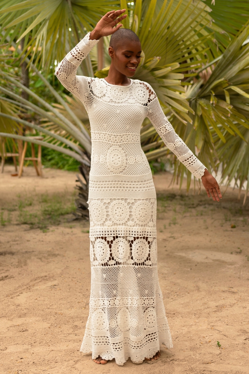Vestido Largo Birkin - blanco - en crochet - Mangas Largas - Bohemio - Miss June Paris - 1