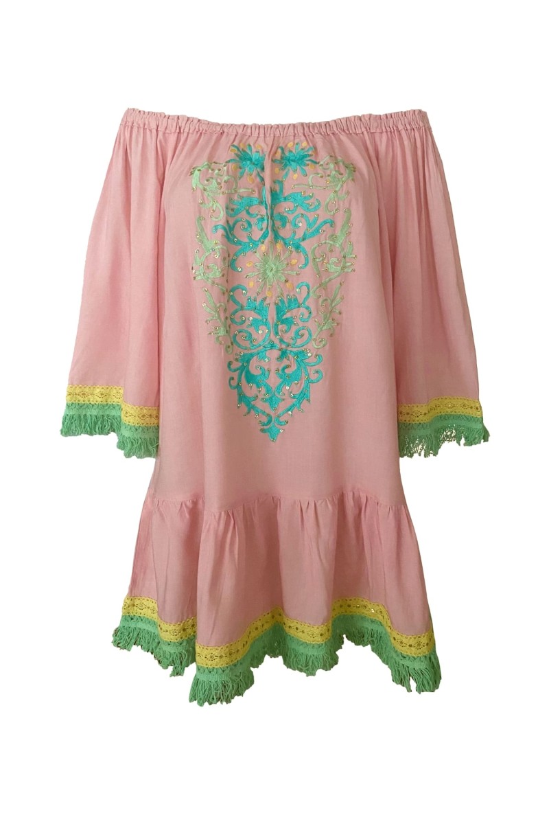 Azra Short Dress: pink - embroidered bib - off-shoulder - 100% Modal - cotton fringes - Miss June Paris - 6