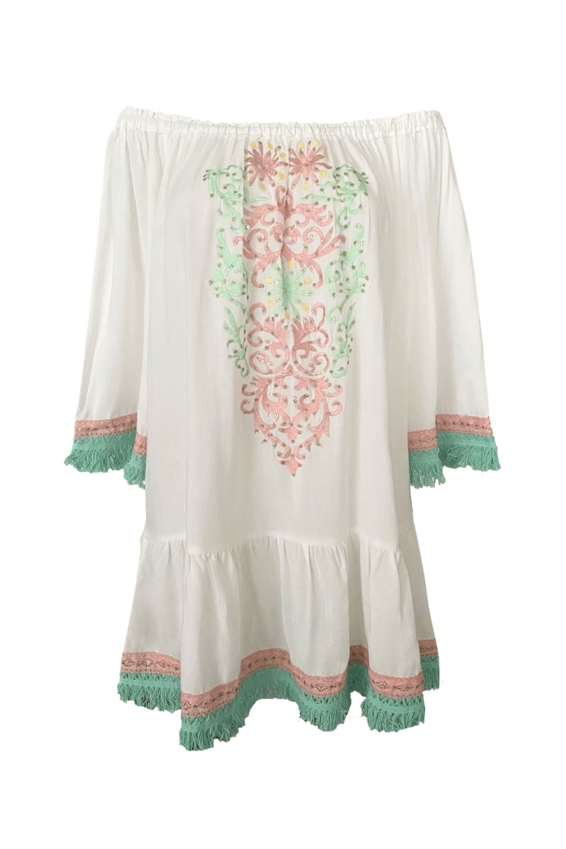 Azra Short Dress: white - embroidered bib - off-shoulder - 100% Modal - cotton fringes - Miss June Paris - 6