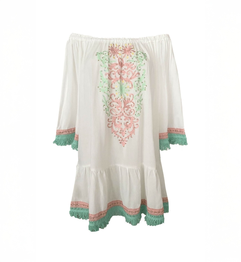 Abito Corto Azra: bianco - bustino ricamato - spalle scoperte - 100% Modal - frange in cotone - Miss June Paris - 6