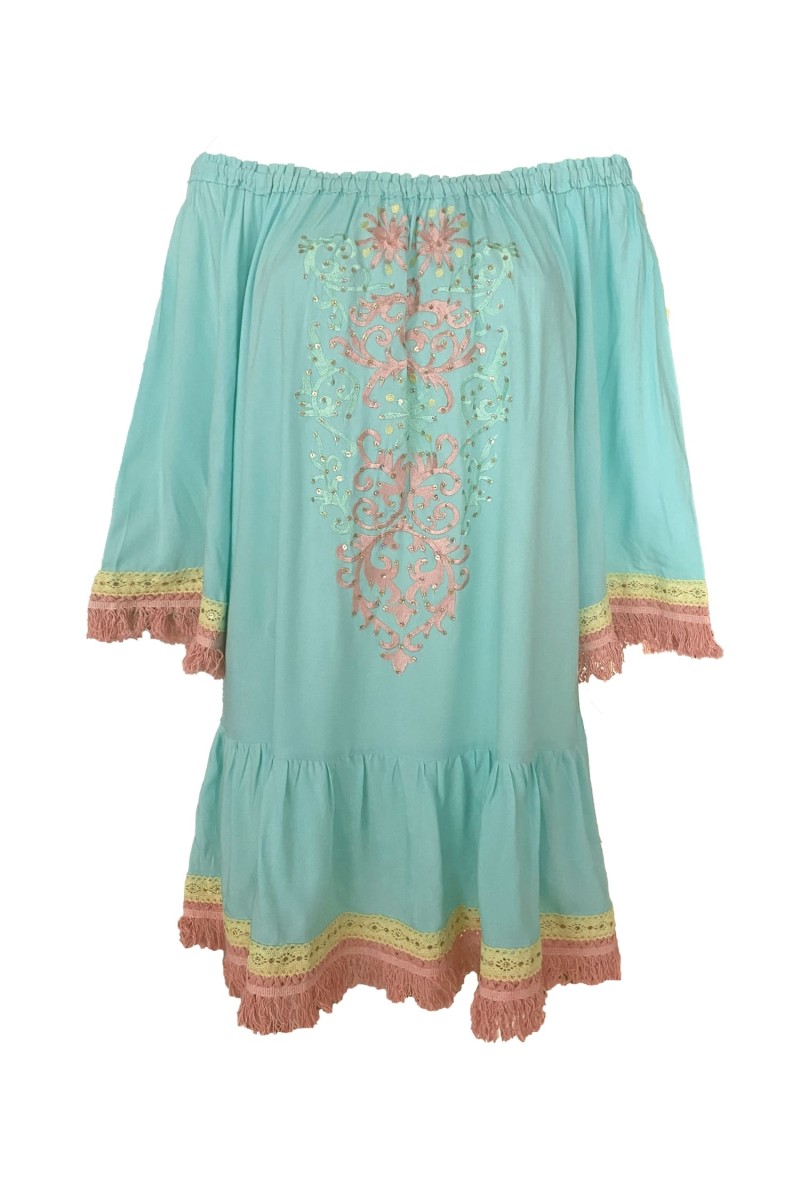 Azra Short Dress: aqua - embroidered bib - off-shoulder - 100% Modal - cotton fringes - Miss June Paris - 6