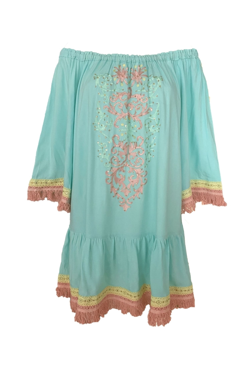 Vestido Corto Azra: aqua - pechera bordada - hombros descubiertos - 100% Modal - flecos de algodón - Miss June Paris - 6