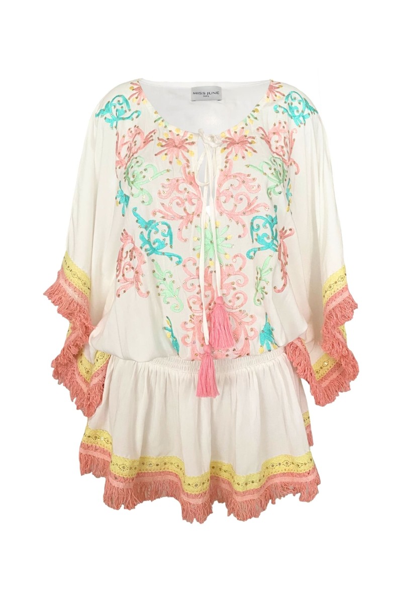 Sejla Short Dress: white - embroidered bib - 100% Modal - cotton fringes - bohemian touch - Miss June Paris - 6