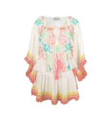 Sejla Short Dress: white - embroidered bib - 100% Modal - cotton fringes - bohemian touch - Miss June Paris - 6