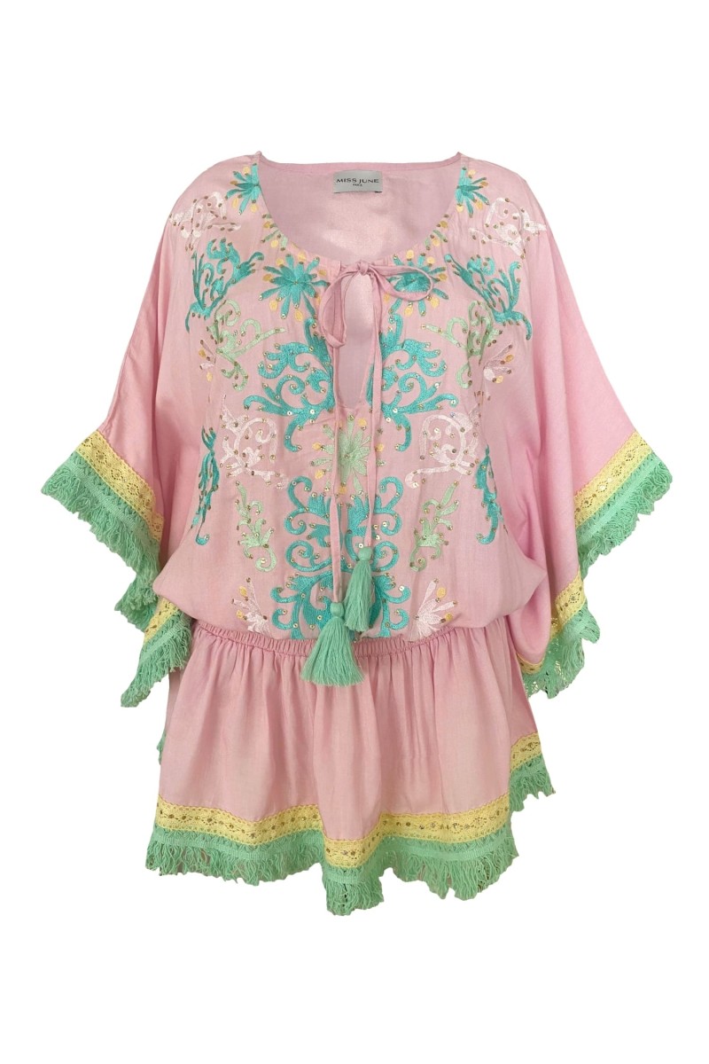 Sejla Short Dress: pink - embroidered bib - 100% Modal - cotton fringes - bohemian touch - Miss June Paris - 6