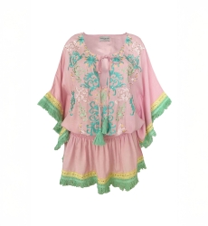 Abito Corto Sejla: rosa - bustino ricamato - 100% Modal - frange in cotone - tocco bohemien - Miss June Paris - 6